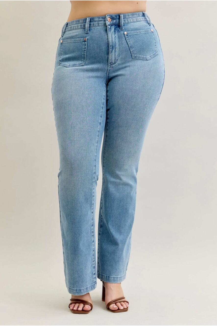 Judy Blue Mid Rise Contrast Wash & Front Patch Bootcut Denim Jeans 881053 NWT